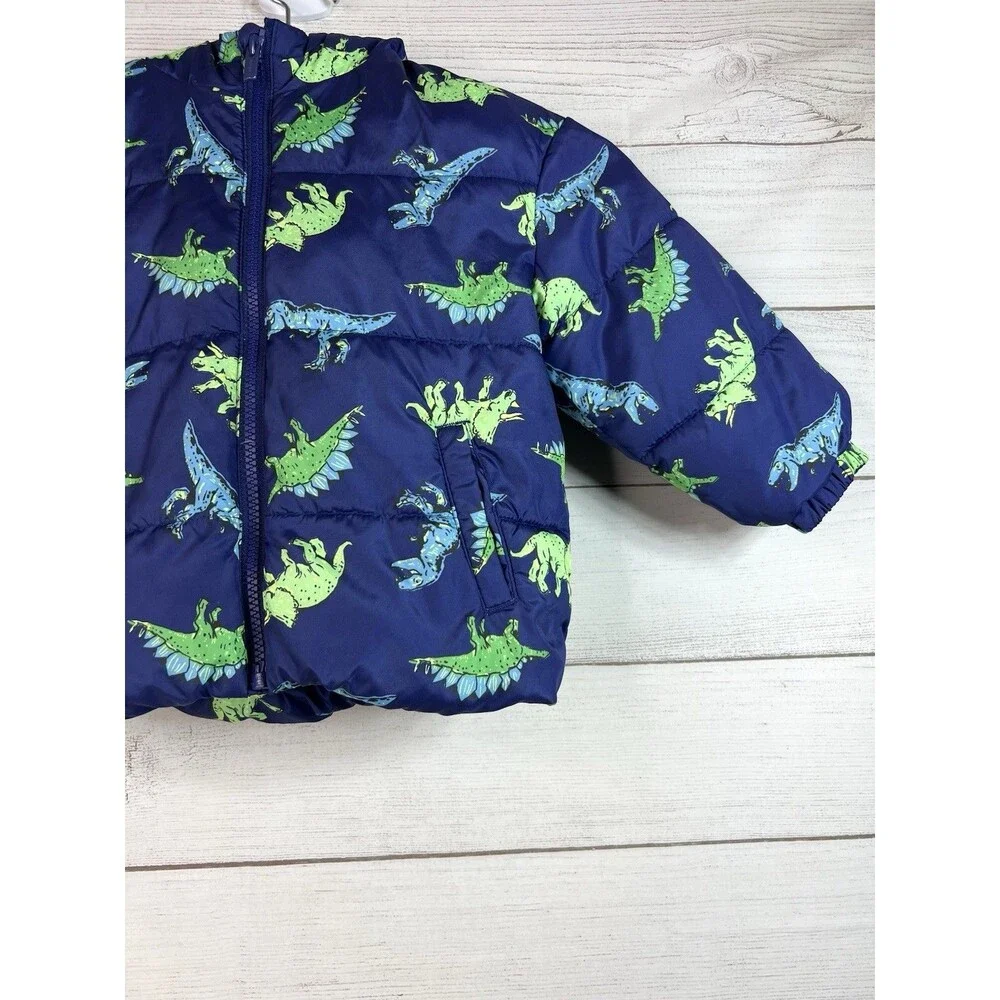 Old Navy Blue Dinosaur Hooded Puffer Jacket Coat Size 3T Fleece Lined Outdoor